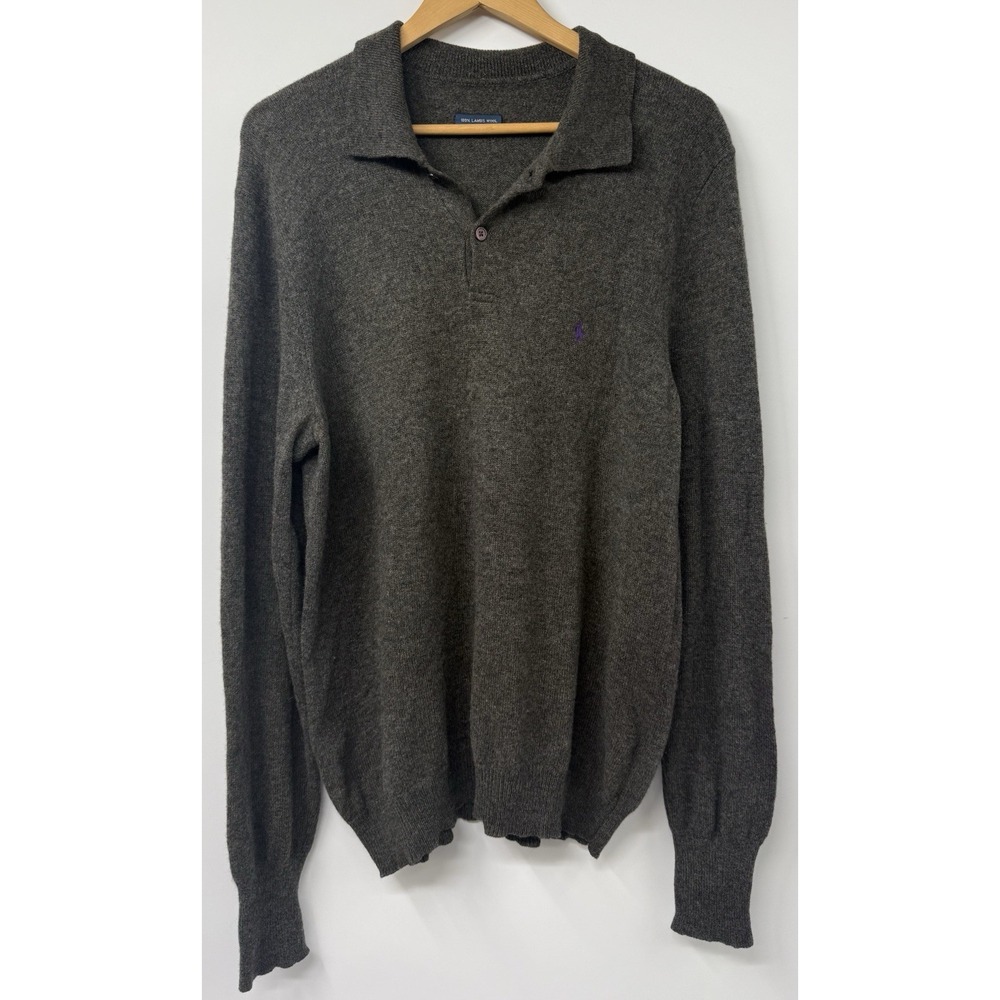 Vintage 90s Ralph Lauren Mens Med Lambswool Knit Collared Pullover Sweater Gray